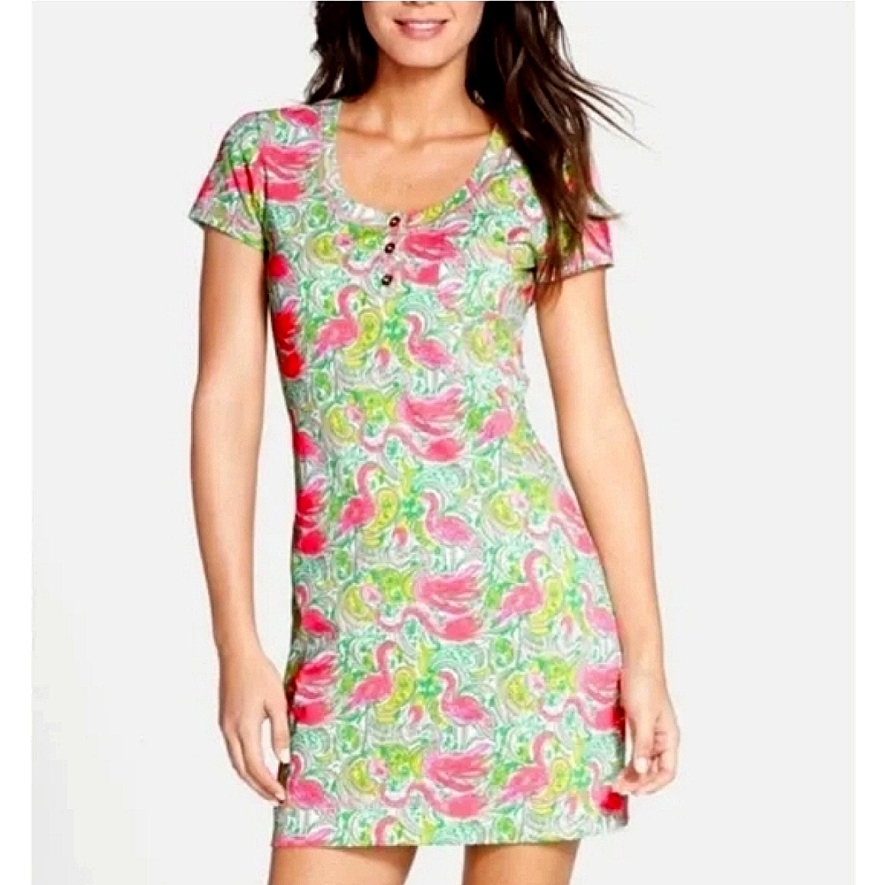Lilly Pulitzer Britton Hot Wings Pink Flamingo Pima‎ Cotton Knit Dress. Size: S.